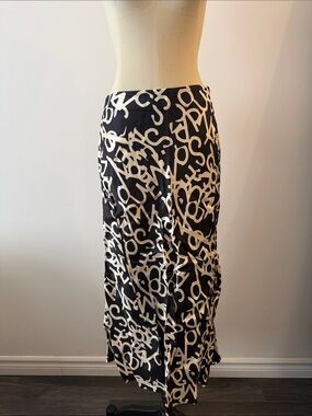 H&M Satin Flowy Black and White Print Midi Skirt